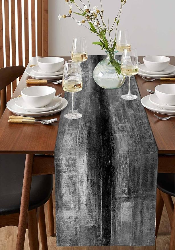 Vintage Black Table Runner - 72 Inch Long, Oil Modern Paintings Abstract Kitchen Dining Table Runner Dresser Scarves, Geometric Artwork Grey Black Tablerunner for Coffee Table Wedding Party, 18x72 in
