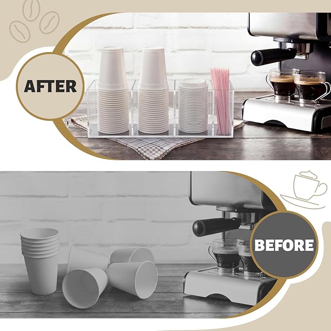 Novabright 4 Compartments Coffee Cup Holder for Countertop Cup Lid and Straw Dispenser Coffee Station Organizer Bar Accessories for Breakroom Restaurant, 15.3 x 4.7 x 4 (Clear,Acrylic)