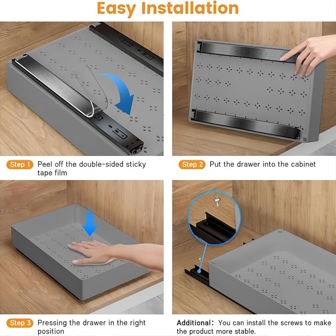 15.75'' D Adhesive Pull Out Drawers for Cabinets,No Drill Pull Out Drawers with Raising Pad for Framed & Frameless Cabinet,Adjustable Expandable Pullout Cabinet Organizer for Kitchen,Bathroom, M Size