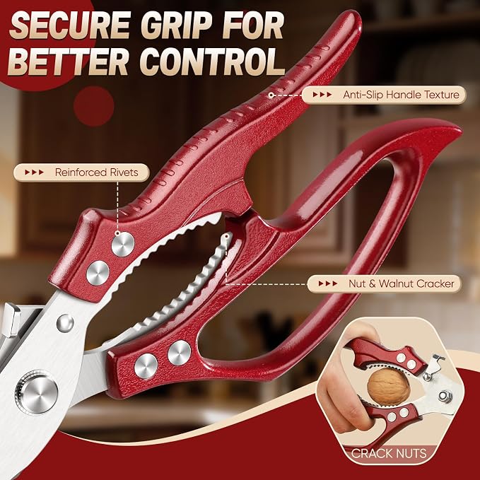 Huusk Heavy Duty Kitchen Scissors Set – All Purpose Japanese Poultry Shears for Chicken, Meat, Fish, Vegetables & Pizza with Ergonomic Non-Slip Red Handle, Gifts for Women Men