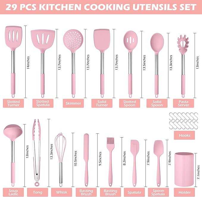 HaWare 29 PCS Silicone Cooking Utensils Set, Heat Resistant Kitchen Utensils Set with Stainless Steel Handle, Spatula Sets with Holder and Hooks, Kitchen Tools Gadgets for Nonstick Cookware -Pink
