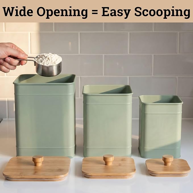 Kitchen Canisters for Countertop Set of 3 with Customizable Chalkboard Labels & Marker Pen - Big Iron Kitchen Canisters with Airtight Lids - Sage Green Canister Set - Flour and Sugar Containers