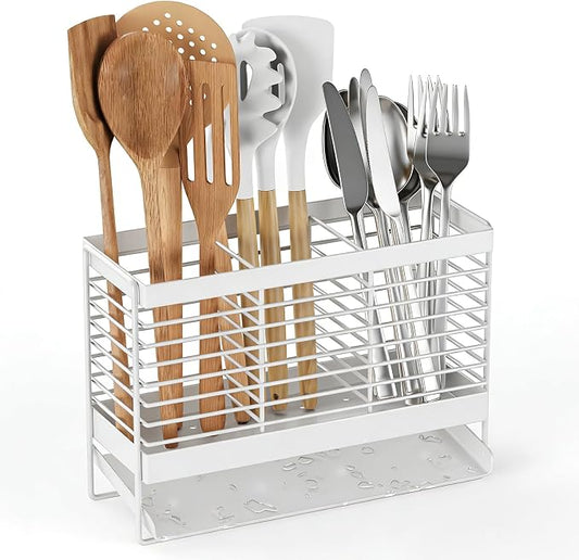Utensil Holder, Upgrade Stainless Steel Utensil Drying Rack with Automatic Drain Tray for Kitchen Counter, Silverware Cutlery Organizer for Spoons, Forks, Knifes, Chopsticks (White)