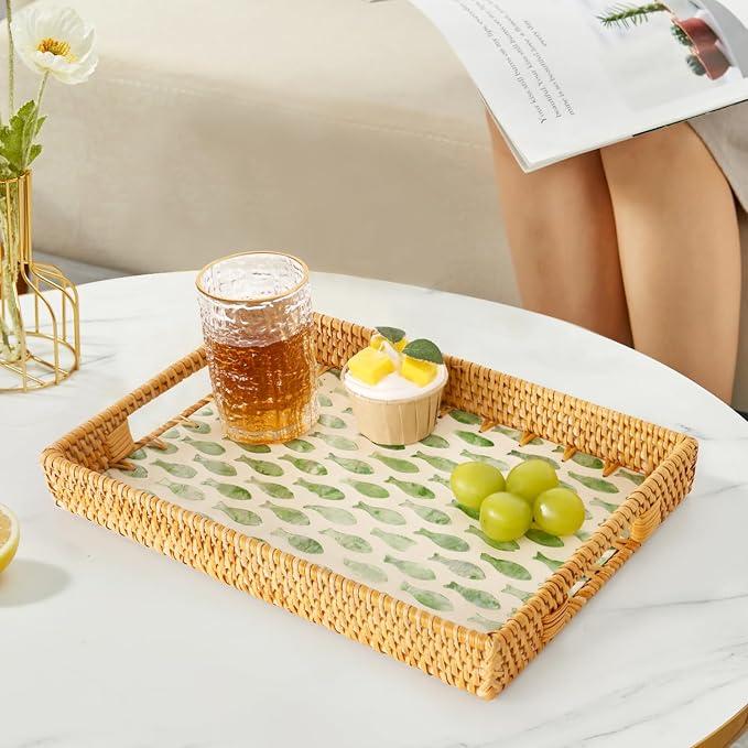 Rectangle Rattan Tray with Mother of Pearl Inlay, Rattan Serving Tray with Handle for Coffee, Bread, Fruits, Snacks, Decorative Wicker Tray for Table Decor (Rectangle Green Fish, 13"×9")