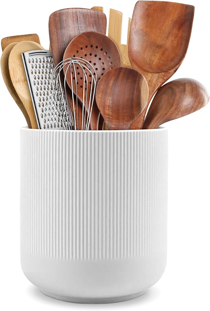 RedCall Kitchen Utensils Holder Large,Ceramic Utensil Organizer for Countertop,Morden Utensil Crock for Spoon Spatula,Home Kitchen Decor (White)