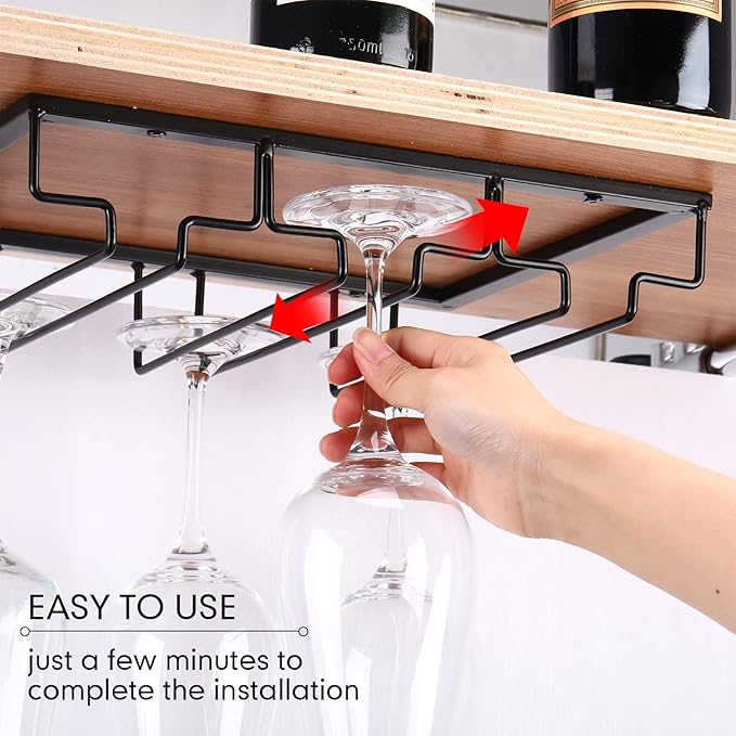 Potchen 4 Pack Wine Glass Holder Under Cabinet, Hanging Wine Glass Rack 3 Rows Stemware Rack Black Wine Glass Holder Shelf Wine Glass Storage Metal Organizer for Cabinet Kitchen Bar