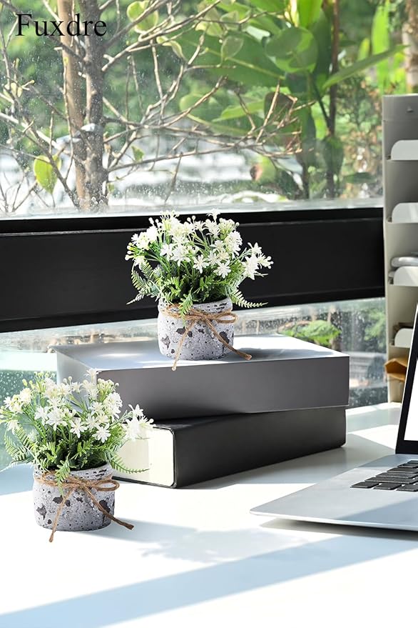 Fake Plants Small with 2 Pack, The Sunflower for Bathroom Shelf Decor, Decorative Plants for Home Living Room Office Bedroom Table Tray Shelve Farmhouse Decor Indoor(White Floral)