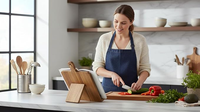 Decorative Wooden Cookbook Display Stand Recipe Book Holder For Kitchen Countertop & iPad Tablet - Handmade Country Rustic Farmhouse Style Decor For Hands Free Reading, Foldable, Brown, Gift For Chefs