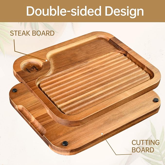 Acacia Wood Steak Plates,Carnivore Cutting Board for Eating, Carved Meat Wooden Plate, Food Serving Tray,Cheese Charcuterie Board with Deep Grooves & Hidden Handles