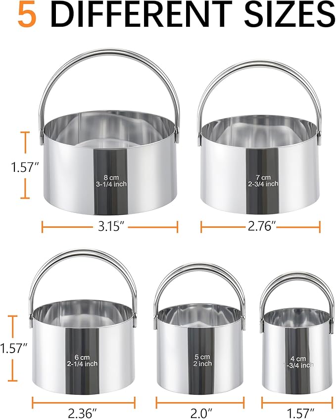 Biscuit Cutter Set with Handle, 5 Piece Stainless Steel Round Cookie Cutter Tool, Multi Size Circle Dough Donut Cutters for Baking Cakes, Biscuits, Pastry Dough