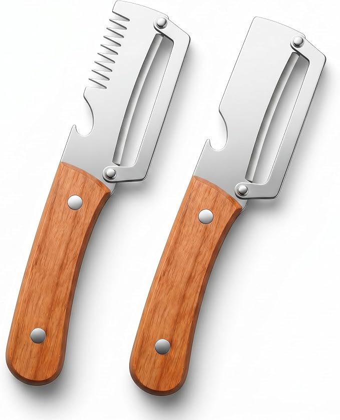 2Pcs Vegetable Peeler with Wooden Handle, Odor-Free Stainless Steel Multi Functional Vegetable Cutter, 2-in-1 and 3-in-1 Kitchen Tool with Scallion Shredder and Bottle Opener for Cooking and Camping