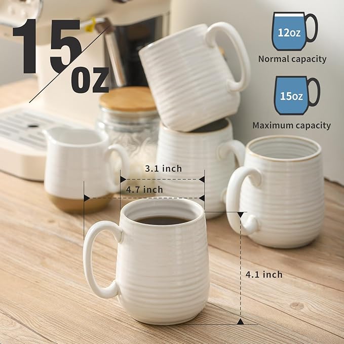 HASENSE Coffee Mugs, 12 Ounce Ceramic Coffee Cups Set of 4, Latte Mug with Handle for Milk, Cocoa, Cappuccino, Tea Cup for Mom Gift, Dishwasher Microwave Safe, Clay-Infused White
