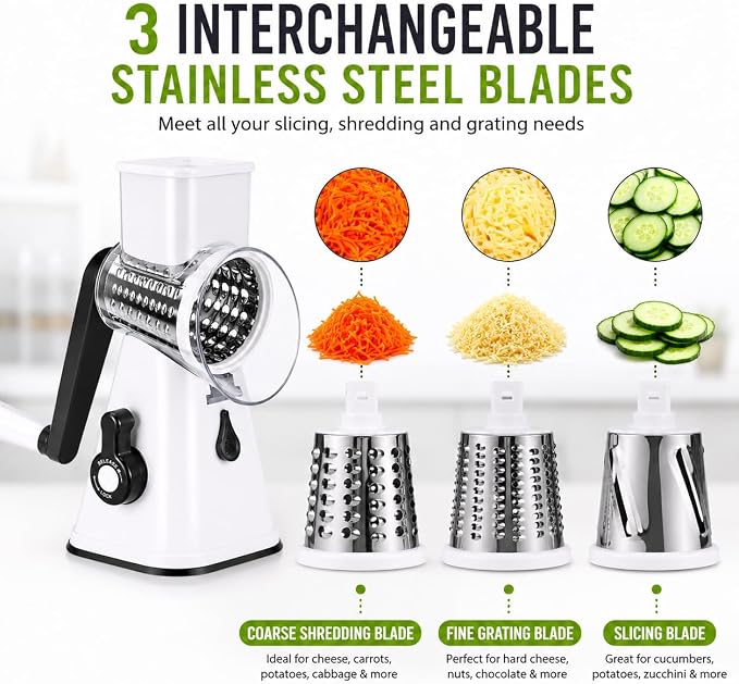 Rotary Cheese Grater with Handle, 3 Interchangeable Stainless Steel Blades, Manual Vegetable Slicer & Cheese Shredder, Hand Crank Grater for Cheese, Potato, Carrot, Cucumber, Nuts & Chocolate, White