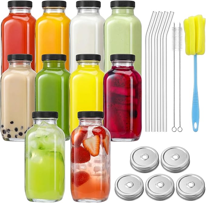 CUCUMI 10pcs 16oz Glass Juice Bottles with Lids, Reusable Juice Containers Drinking Jars Water Cups with Brush, Glass Straws, Lids with Hole | 10pcs