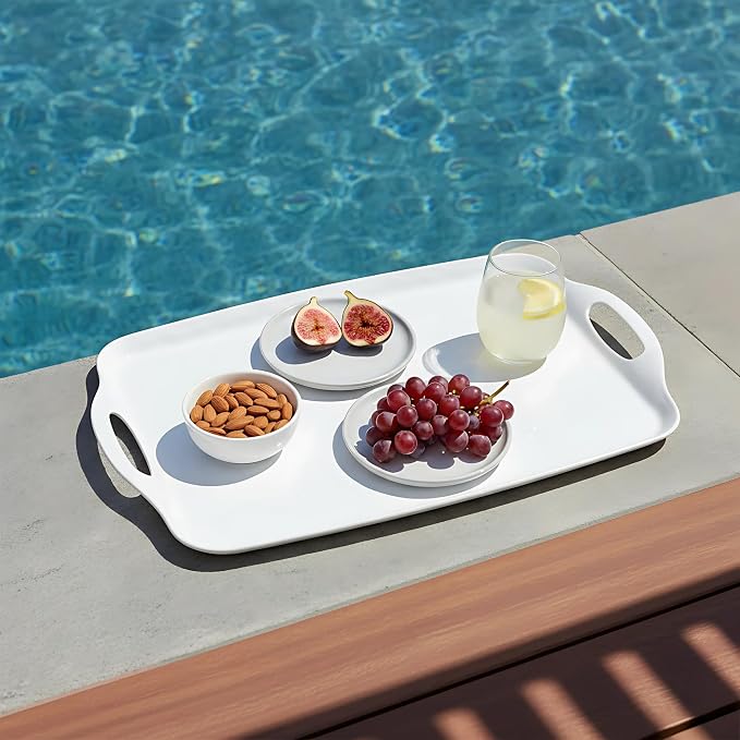 TP Large Serving Trays with Handles, 19" x 12" Melamine Serving Platters for Food, Turkey, Set of 2 Rectangular Trays for Party, Pure White