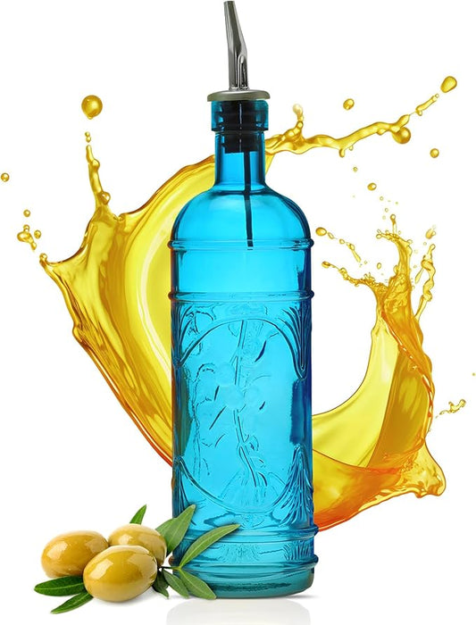 COURONNE CO. My Eco Glass Olive Oil Dispenser Bottle for Kitchen - Vinegar Dispenser Bottle with Pour Spouts - 16 oz - Aqua Blue