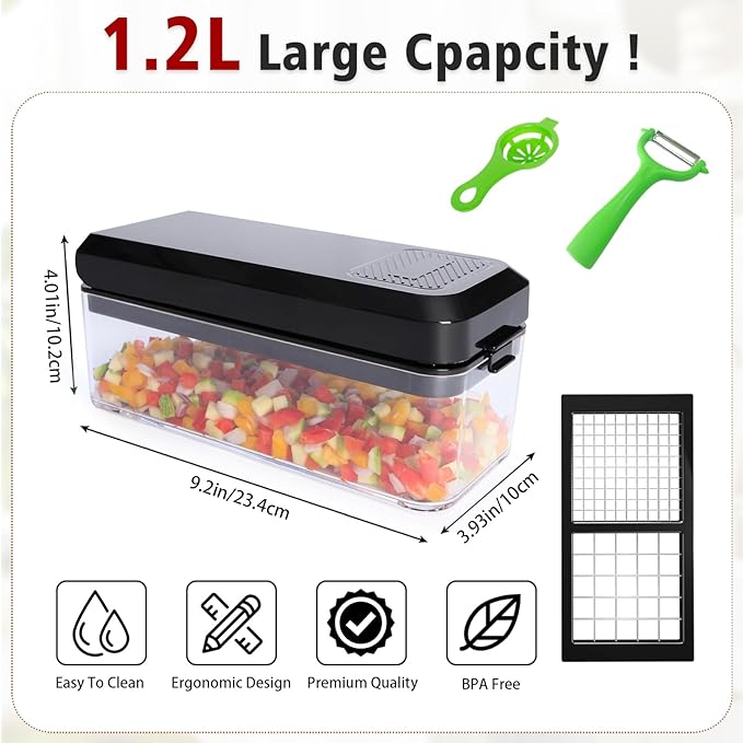 Vegetable Chopper, 4 in 1 Veggie Chopper, Multi-functional Salad Chopper, Mandoline Slicer, Onion Chopper, Food Chopper with Container and Lid (Black)