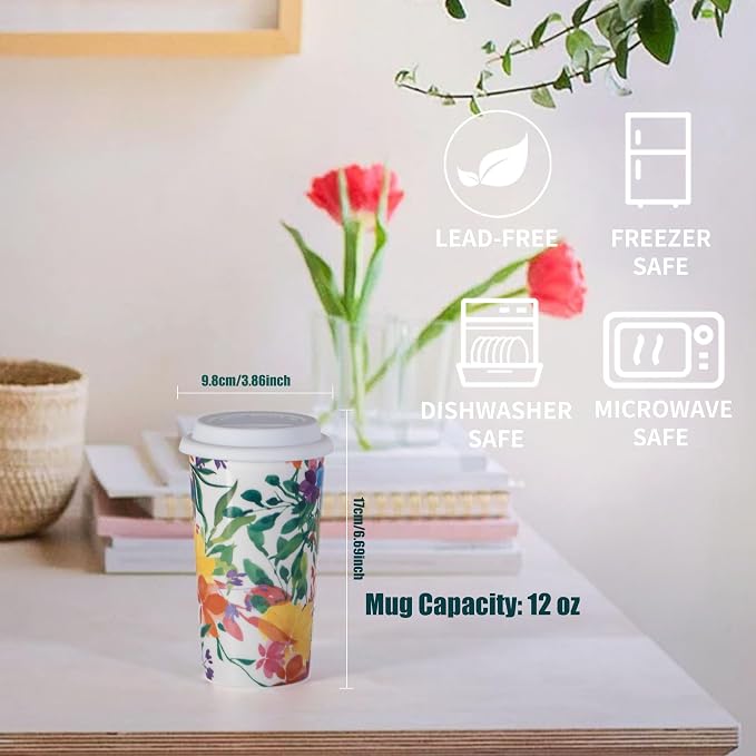Floral Travel Coffee Mug 12 Ounce Flower Tumbler with Lid, Ceramic Travel Cup Tall Tea Cup Water Bottle with Beautiful Flower Prints Vintage Blooming Bouquet For Women Sister Friends Mom, Modern Gift