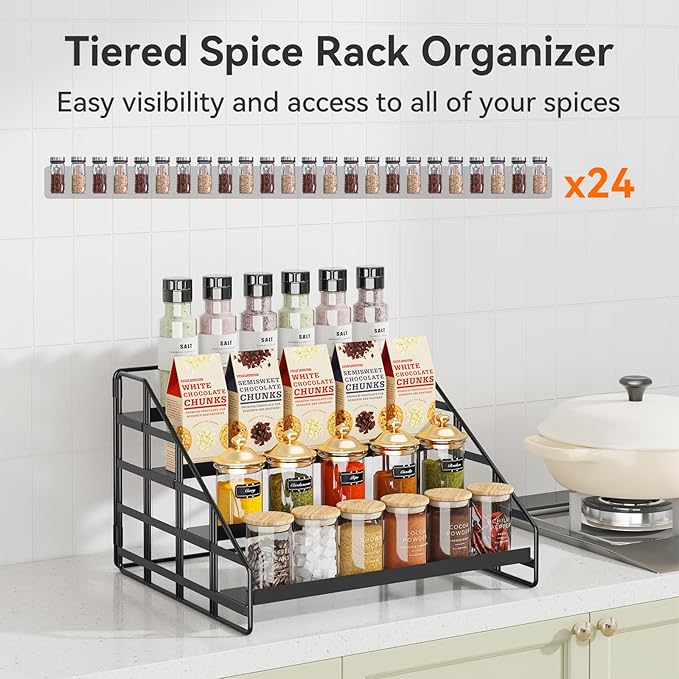 Bunoxea Spice Rack Kitchen Cabinet Organizer,4 Tier Countertop Spice Rack,Tier Depth Adjustable Cabinet Shelf,Step Spice Organization Easy Visibility,Holds Seasoning and Condiments