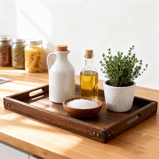 Wood Serving Tray with Handles,Farmhouse Wooden Tray for Ottoman,Decorative Serving Trays Platter for Breakfast in Bed,Lunch,Dinner,Appetizers,Patio, Coffee Table, BBQ,Party,Lap &Couch(16 Inches)