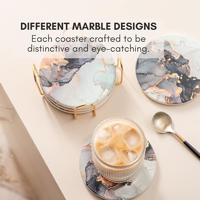Colorful Ceramic Marble Coasters Set of 6, Cute Moisture Absorbing Coaster, Coffee Table Decor, Stone Absorbent Drink Coasters