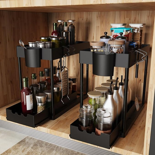 2 Pack Under Sink Organizers and Storage, 2-Tier Sliding Cabinet Organizer Drawer for Bathroom and Kitchen – Multi-Purpose Cabinet Organizer with Easy Pull-Out Design (Black)