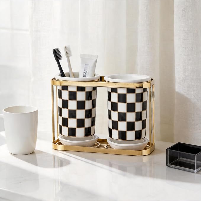 Multi-functional Ceramic Checkered Utensil Crocks, Black & White Grid Kitchen Utensil Storage, Bathroom Checkered Bathroom Toothbrush Holder, Flatware Organizer & Home Accessory (Black)