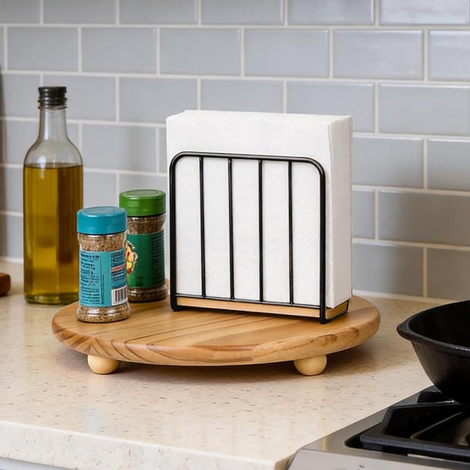 Modern Farmhouse Napkin Holder for Table, Weighted Solid Wood Base with Metal Design, Vertical Standing Napkin Dispenser for Kitchen Countertop, Dining Room and Outdoor Picnic (Black)