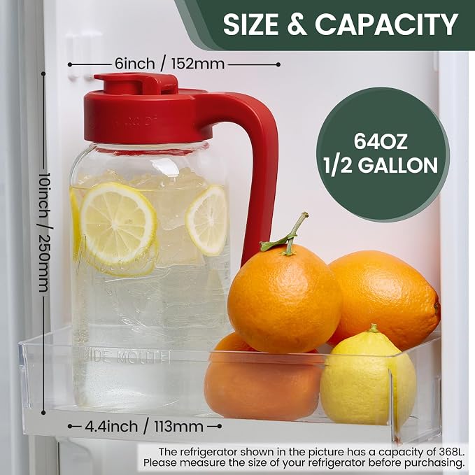 Mason Jar Pitcher - Airtight & Leakproof Glass Pitcher with Lid, Perfect for Breastmilk, Cold Brew, and Sun Tea, 2 Quart (64 oz) Mason Jar with Pour Spout Lid
