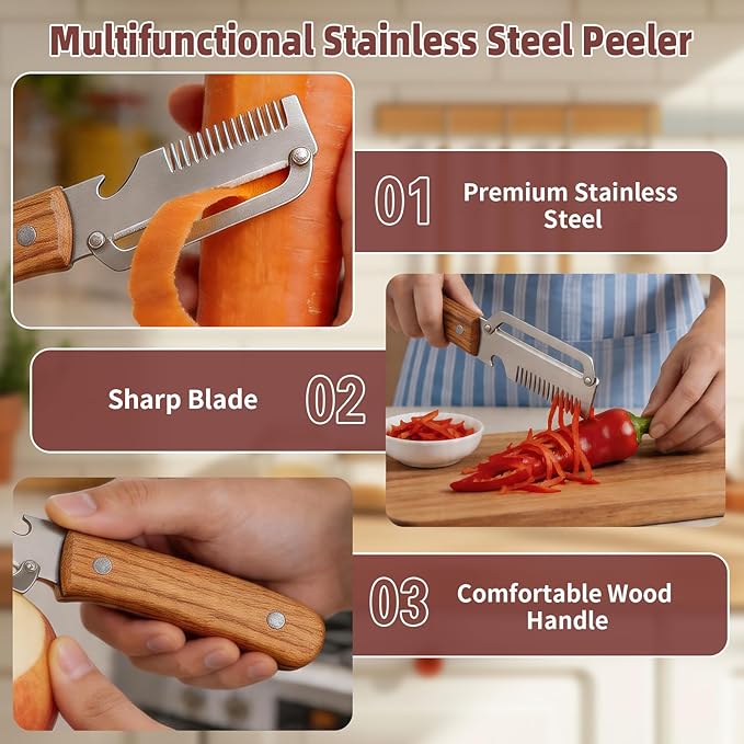 Multifunctional Vegetable Peeler, 3 in 1 Potato Peeler with Wooden Handle, Green Onion Slicer with Bottle Opener Kitchen Tool for Peeling Veggie Fruit Pineapple Pumpkin Papaya Carrrot(2 Pack)