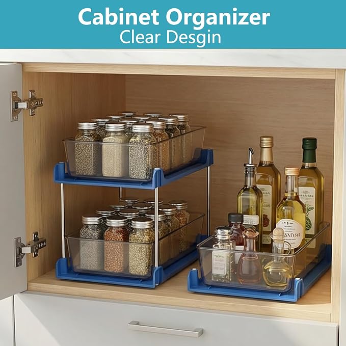 2 Pack Bathroom Organizer,2 Tier Blue Under Sink Organizers Vanity Countertop Storage Container,Cabinet Drawers Bins, Pull-Out Organization with Track for Pantry, Kitchen