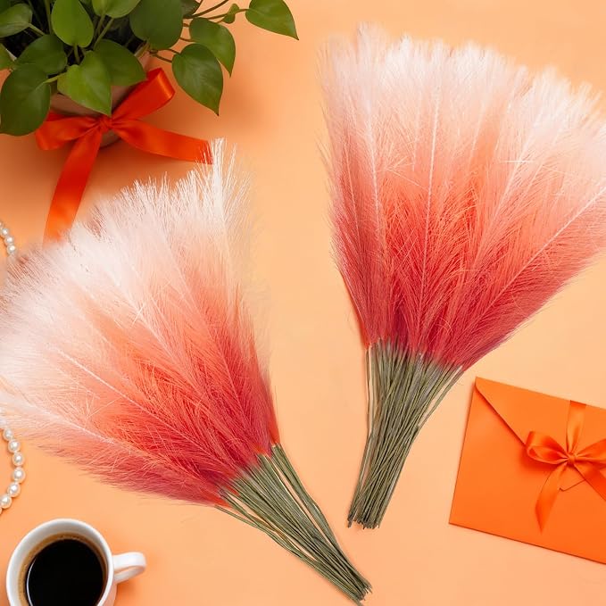 TORONTOKYO Burnt Orange Pampas Grass Fall Decor, 50Pcs 21.6 inch Artificial Faux Pompas Grass Small Fluffy Arrangement for Wedding Boho Home Autumn Decor Vase Filler