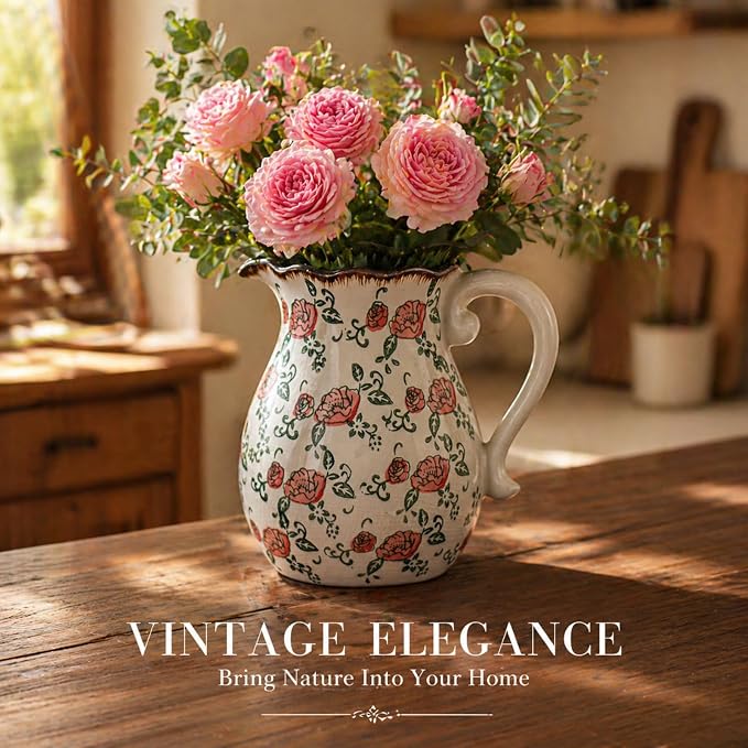 Utensil Holder,Stylish Vintage Ceramic Vase,8.3 Inch Hand-Painted Roses with Ice Crackle Glaze Finish,American Farmhouse Style Pitcher Vase for Home Décor Kitchen Island