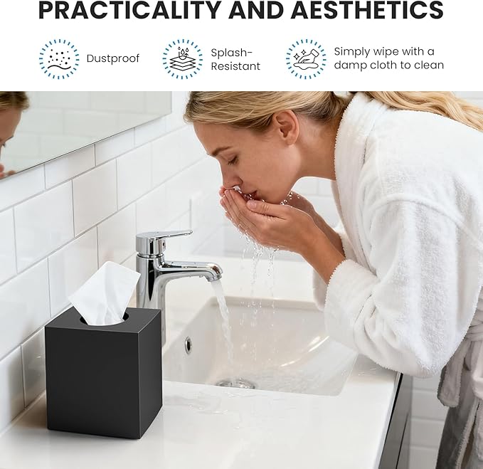 2 Pack Tissue Box Cover Black, Square Acrylic Tissue Holder, Decorative Facial Tissue Box Vessel Cube Paper Organizer Dispenser for Bathroom Office, Night Stand, Desk, Car, Vanity, Countertops