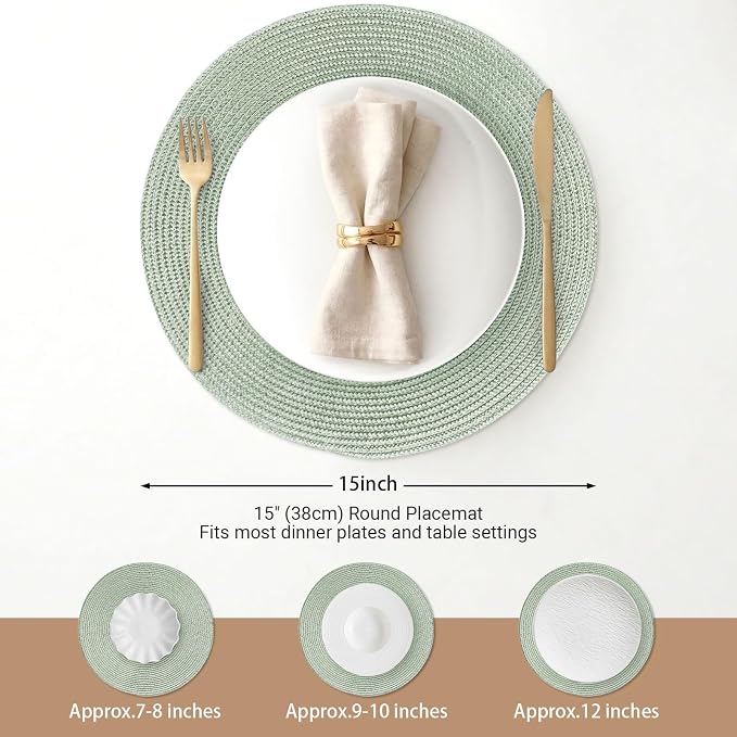 FunWheat Round Braided Placemats Set of 6 Place Mats for Dining Tables Woven Washable Non-Slip Table mats 15 inch(Fog Green, 6pcs)