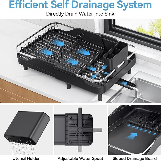 Urackify Dish Drying Rack for Kitchen Counter, Expandable Stainless Steel Dish Racks with Adjustable Water Spout, Space Saving Dish Drainer with Cutlery Holder,16.14"-23.62" L x 12.99" x 8.78",Black