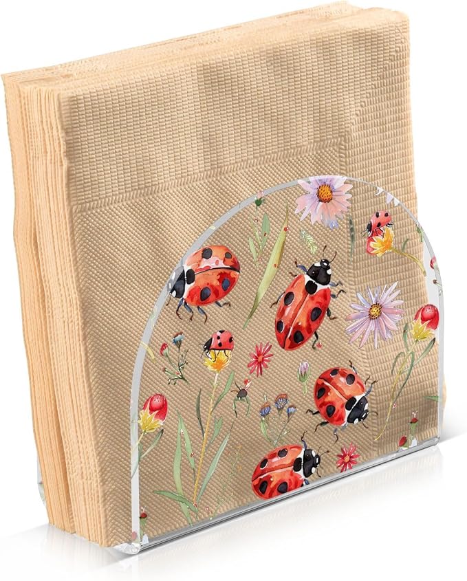 Fustylead Floral Ladybug Napkin Holder for Table Acrylic Vertical Napkin Holders for Paper Napkins Red Ladybugs&Daisies Decorative Napkin Dispenser for Home Party Dining Cocktail Kitchen Accessories