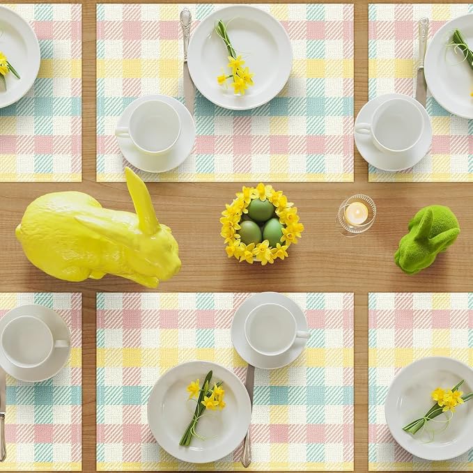 Niviy Buffalo Plaid Blue Pink Yellow Spring Easter Placemats Set of 4, 12x18 Inch Table Mat Easter Placemat Decor for Holiday Party Kitchen Dining Room Decoration