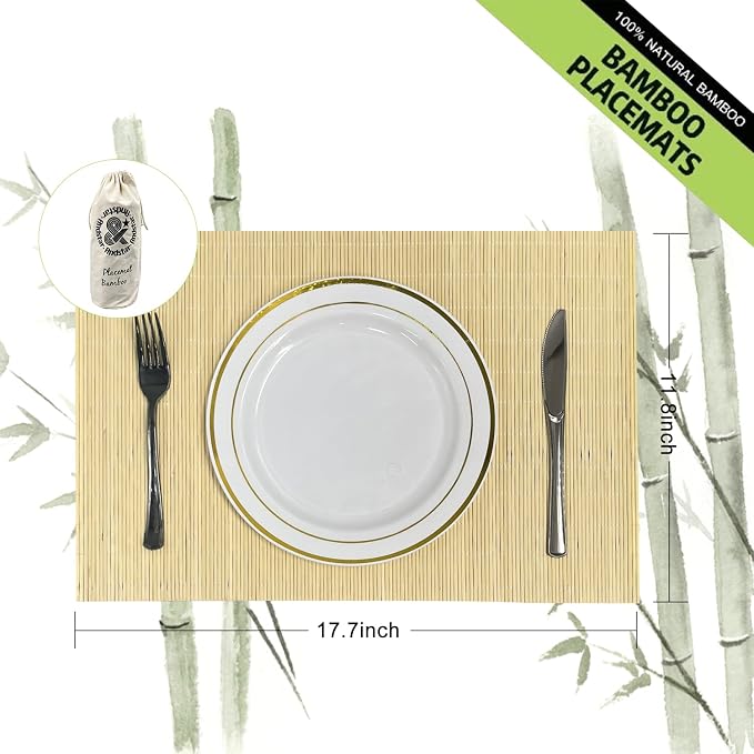 Set of 12 Pcs Bamboo Placemats Sushi Rolling Mat Japanese Style Natural Anti-Slip Bamboo Placemats Washable Heat-Resistant Table Mats for Dining Room and Kitchen（ Natural Color）