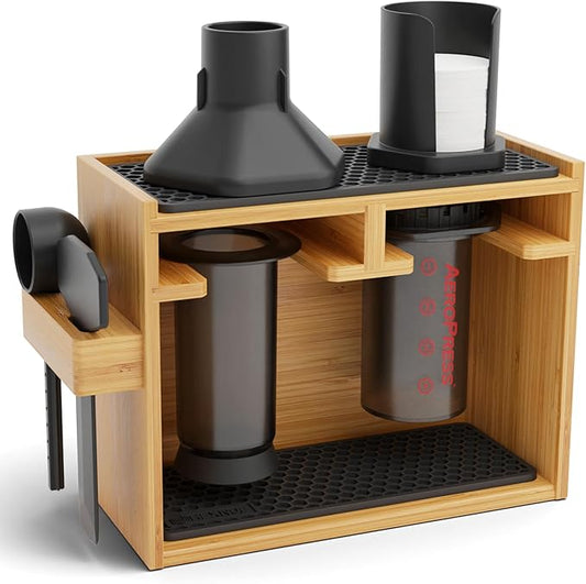 HEXNUB - AeroPress Organizer Stand, Bamboo Coffee Caddy Station for AeroPress Coffee Maker Accessories, Filter Holder, Mug Storage Rack, Silicone Drip Mats - Black Mats