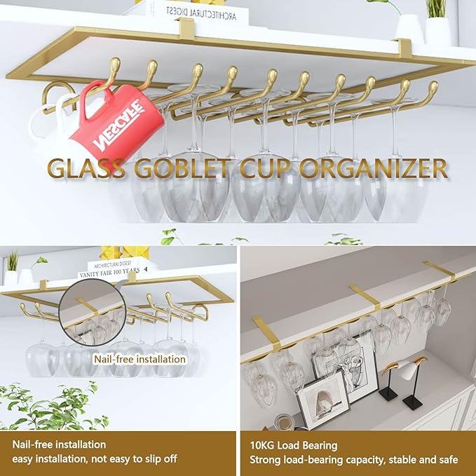 Glass Stemware Wine Rack, Hanging Wine Storage Holder for Under Cabinet Kitchen Bar Display Shelf with Glass Cup Champagne Organizer (Size : Gold)