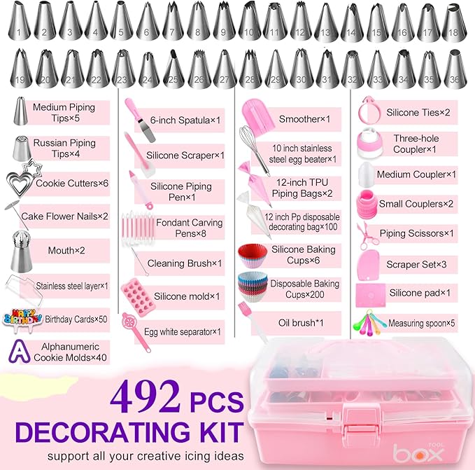 492set Cake Decorating Tools Kit,Include Piping Bags and Tips Set,Baking Supplies Accessories with Storage Case,Cupcake Cookie Frosting Fondant Bakery for Adult Beginners or Professional Cake Shop
