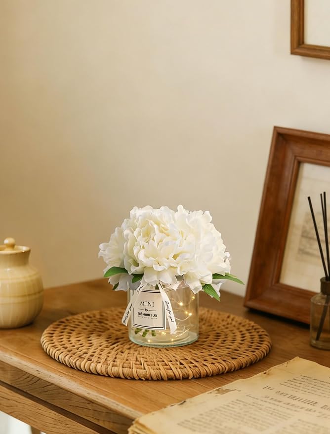 BLOSMON Fake Flowers in Vase for Table: White Artificial Hydrangea with Glass Vase LED Light for Centerpieces Decor - Small Faux Arrangements Desk Vanity Bathroom Office Decoration
