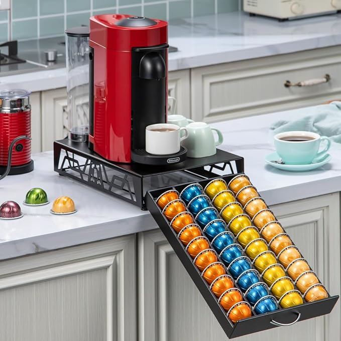FlagShip Vertuo Pod Holder- Modern Black Metal Coffee Capsule Organizer & Space-Saving Pod Storage for Coffee Machines, Generous 40 Vertuo Pods Capacity