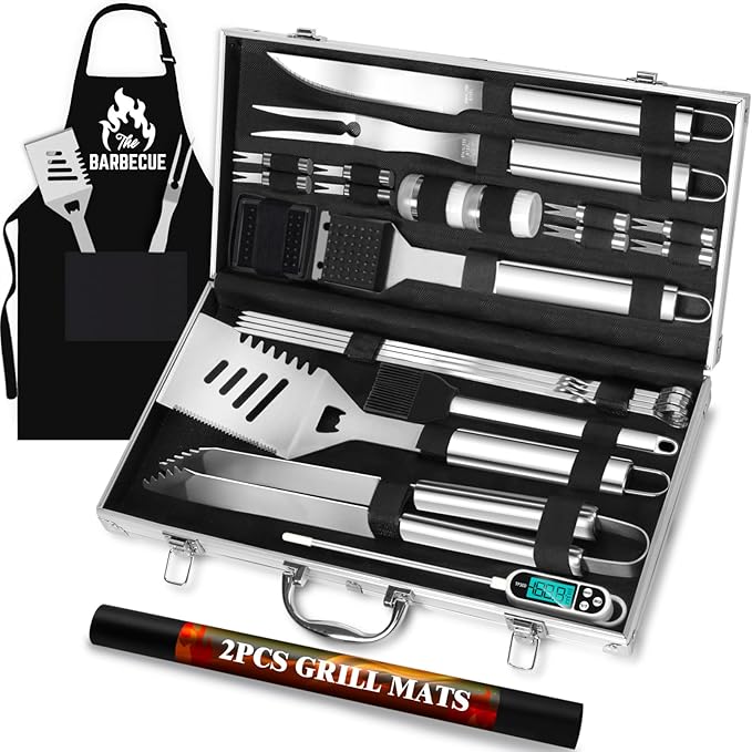 ROMANTICIST 26pcs Grilling Gifts for Men, Dad Gifts for Father's Day, Stainless Steel BBQ Grill Accessories Tools Set, Heavy Duty BBQ Utensils Kit with Apron, Thermometer, Mats in Aluminum Case Silver