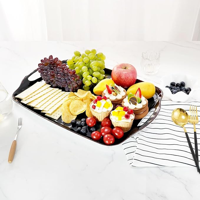 TP Serving Trays with Handles, 17 x 12 Inch Melamine Serving Platters for Food, Meat, Set of 2 Rectangular Trays for Eating, Retro Black
