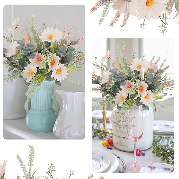 2 Bundles Artificial Wildflowers Fake Daisy Flowers Bouquet Silk Flower with Stems Faux Daisies Eucalyptus Pink Floral Arrangement for Table Centerpieces Home Indoor Summer Decoration