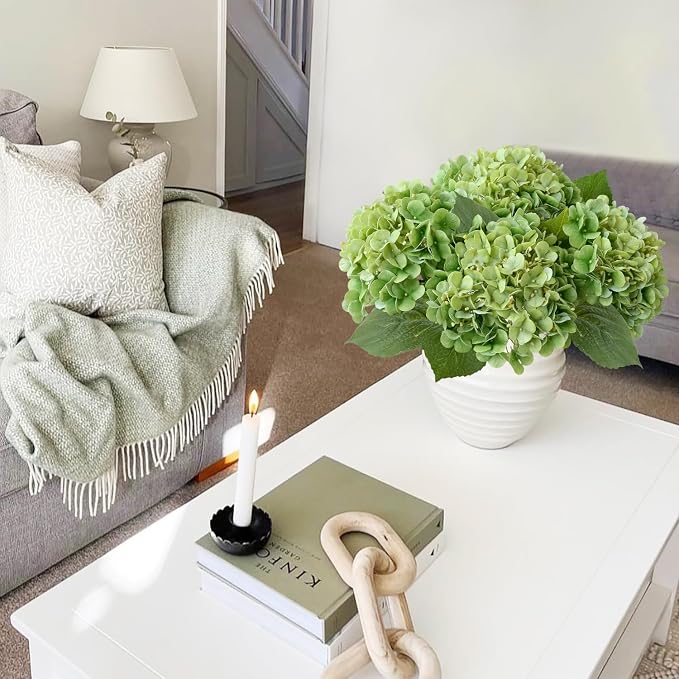 JINWOE Light Green Artificial Hydrangeas, 4Pcs 20" Real Touch Silk Flowers,Lifelike Hydrangeas Stems Faux Flowers for Bouquet Table Centerpieces Indoor Spring Outdoor Home