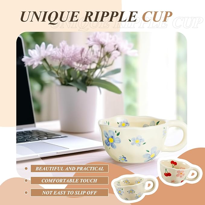 Vesici 2 Pcs Ceramic Coffee Mugs with Spoon, Vintage Floral Spring Mugs with Handle, 8.5 oz Aesthetic Flower Porcelain Tea Cup Set, Dishwasher & Microwave Safe Mothers Day Gifts for Mom(Lovely)