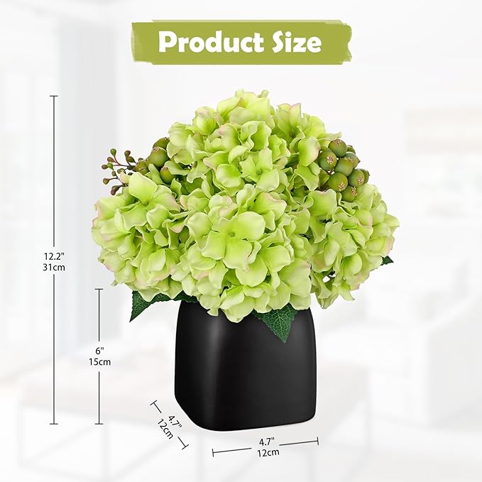 Briful Artificial Green Hydrangea Arrangement in Matte Black Vase, Faux Floral Centerpiece with Green Berry, Modern Farmhouse Table Decor for Dining Room, Entryway, Living Room, Kitchen Coffee Office